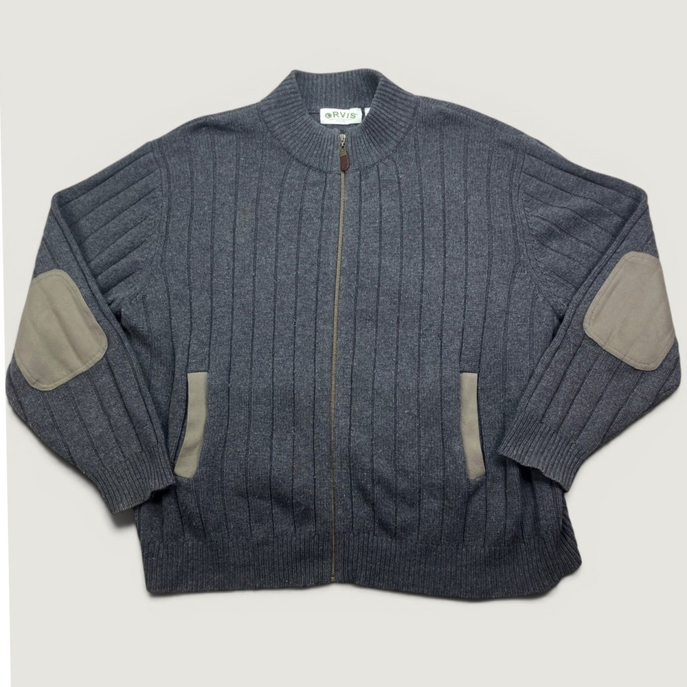 Orvis Mens XL Full Zip Cardigan Gray Merino Wool Elbow Patches Ribbed Sweater